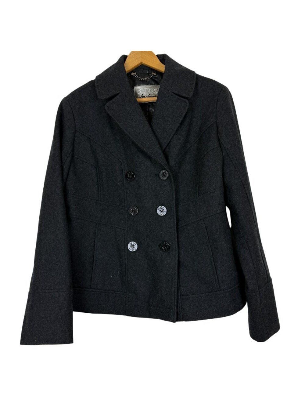 Guess Womens NWT Wool Blend Peacoat Jacket Size Medium Charcoal Double-Breasted